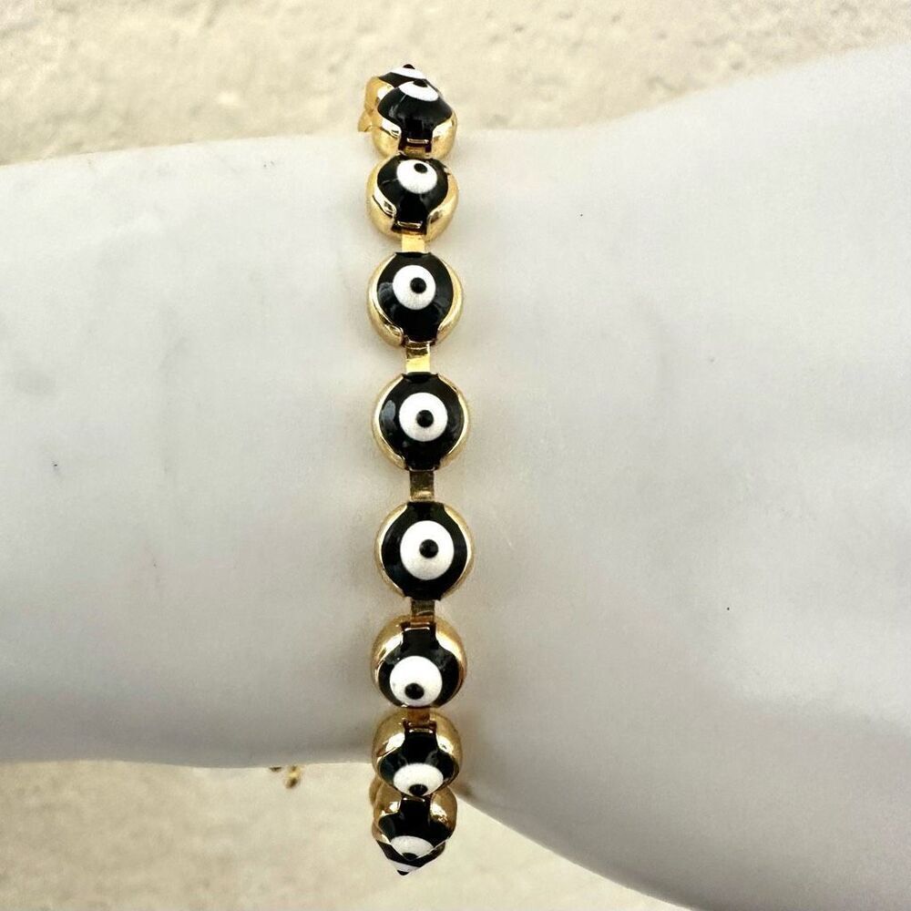 Black and gold tone evil eye adjustable bracelet